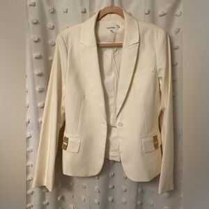 Calvin Klein Cream Blazer w/ Gold & Leather Pocket Accents Size 12